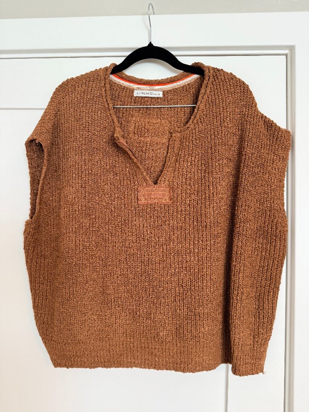 Zenana Back Patch Rolled Split-Neck Side Slit Pullover Sweater Top - Size Small